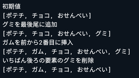Dart - List追加挿入削除の例の結果